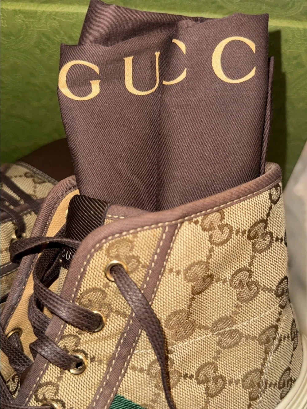 Gucci Brown GG Supreme High-Top Sneakers with Green & Red Web